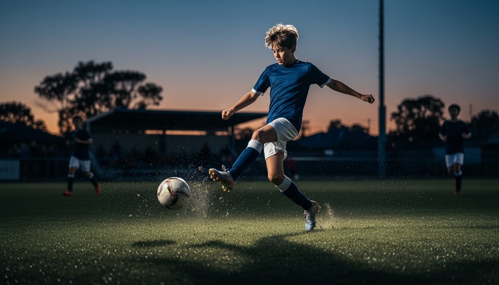 Dynamic junior sports photography Blackburn South capturing a young footballer mid-air, scoring a dramatic goal under stadium lights, with blurred action in the background and a jubilant expression.