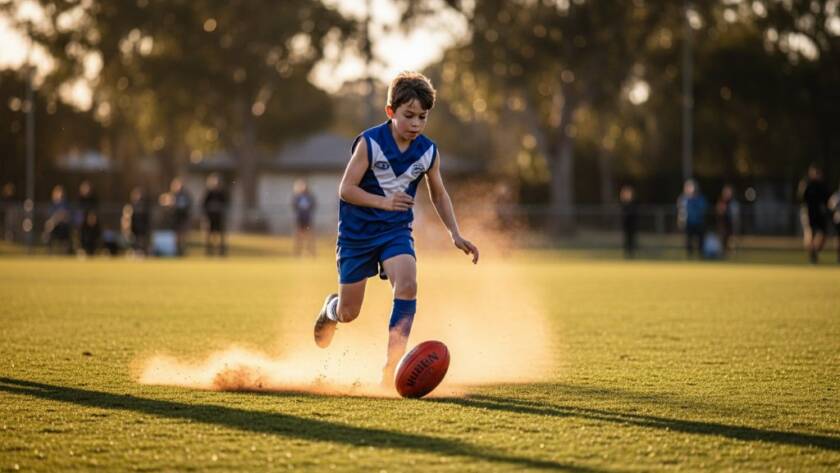 Dynamic junior sports photography Blackburn Victoria: An epic moment of a young footballer sprinting with the ball on a sun-drenched Blackburn oval, dramatic lighting emphasizing motion and concentration.