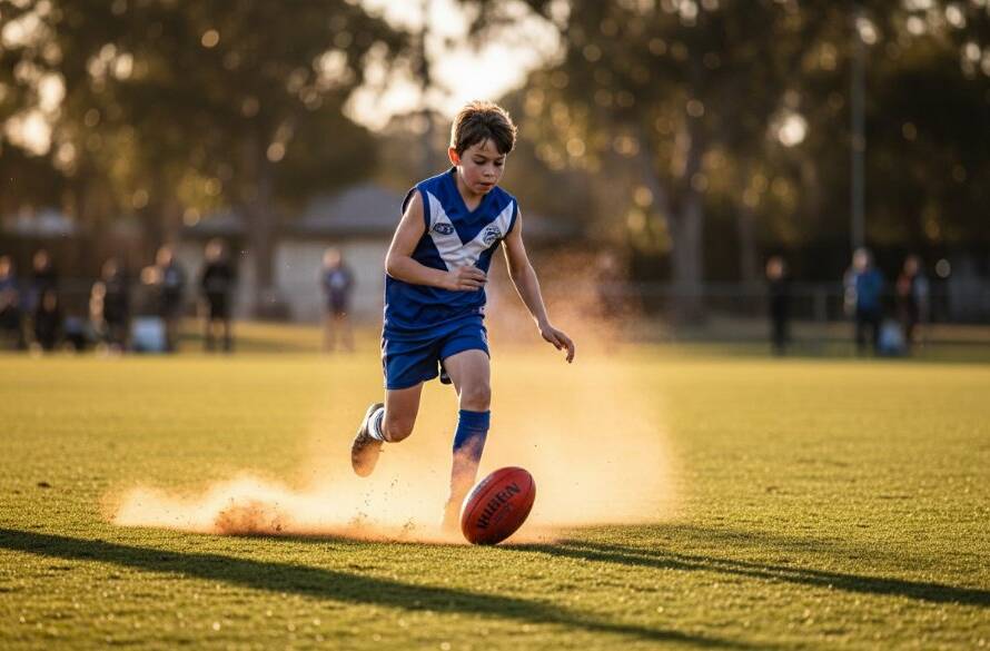 Dynamic junior sports photography Blackburn Victoria: An epic moment of a young footballer sprinting with the ball on a sun-drenched Blackburn oval, dramatic lighting emphasizing motion and concentration.