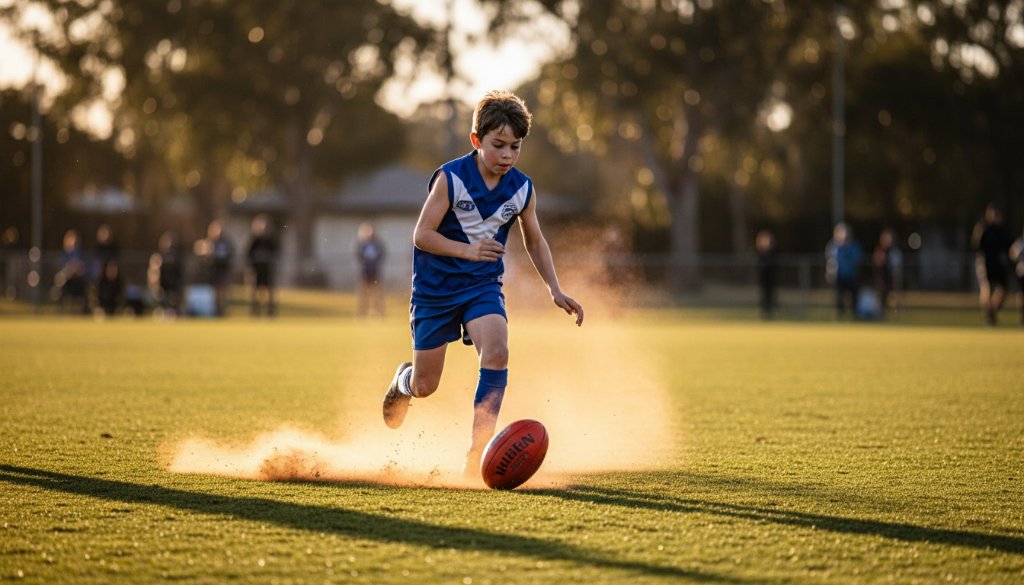 Dynamic junior sports photography Blackburn Victoria: An epic moment of a young footballer sprinting with the ball on a sun-drenched Blackburn oval, dramatic lighting emphasizing motion and concentration.