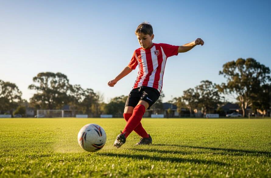 Dynamic junior sports photography Box Hill North capturing a young footballer mid-air, kicking a goal with dramatic lighting and vibrant colours on a sunny afternoon in Box Hill North.