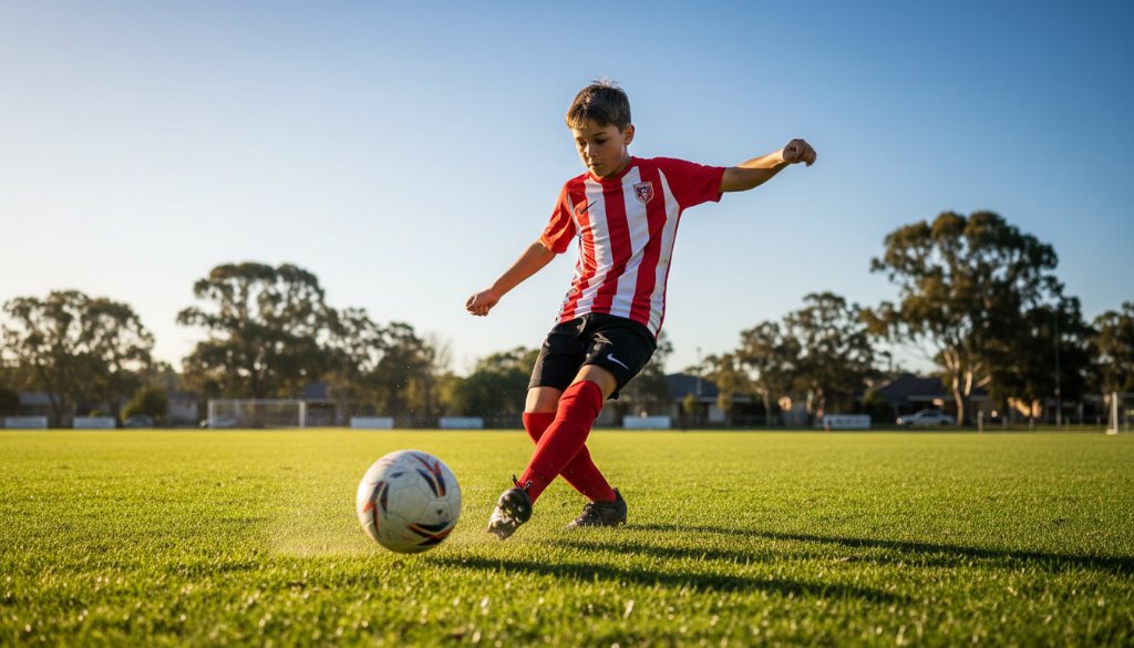 Dynamic junior sports photography Box Hill North capturing a young footballer mid-air, kicking a goal with dramatic lighting and vibrant colours on a sunny afternoon in Box Hill North.