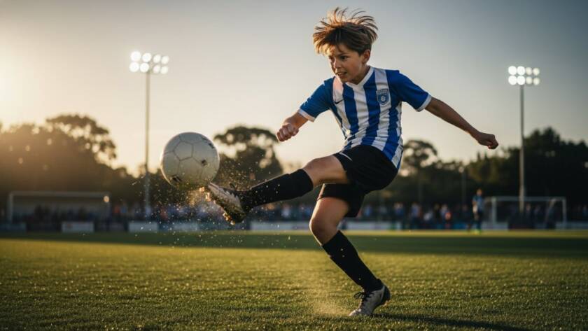 Epic moment of a young male soccer player mid-action, expertly captured with dynamic junior sports photography in Carnegie Victoria, showcasing their determination and speed on the field under dramatic stadium lighting and golden hour glow.