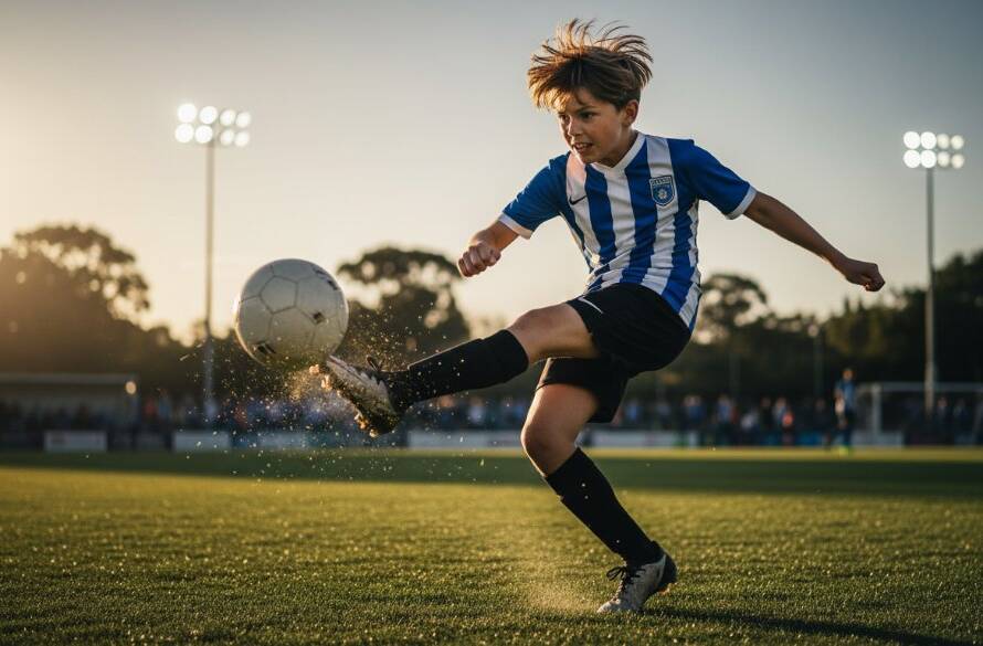 Epic moment of a young male soccer player mid-action, expertly captured with dynamic junior sports photography in Carnegie Victoria, showcasing their determination and speed on the field under dramatic stadium lighting and golden hour glow.