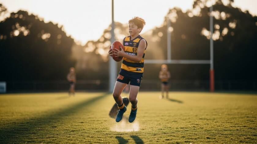 A high-energy photograph capturing a young soccer player in Cranbourne West mid-kick, celebrating a goal, illustrating dynamic junior sports photography in Cranbourne West with dramatic backlighting and a focused expression.