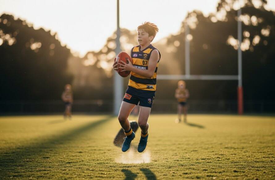 A high-energy photograph capturing a young soccer player in Cranbourne West mid-kick, celebrating a goal, illustrating dynamic junior sports photography in Cranbourne West with dramatic backlighting and a focused expression.