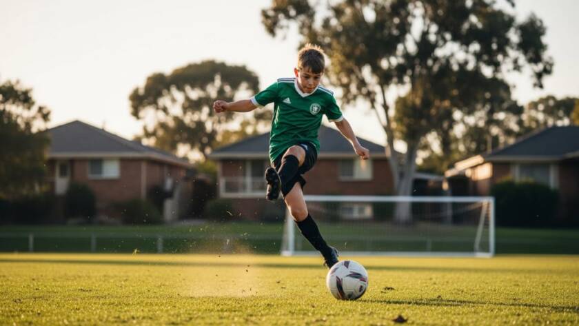 A thrilling, action-packed moment of dynamic junior sports photography Croydon South, capturing a young athlete mid-jump during a soccer match under dramatic golden hour light, crowd blurred in background.
