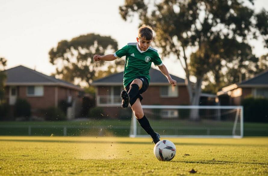 A thrilling, action-packed moment of dynamic junior sports photography Croydon South, capturing a young athlete mid-jump during a soccer match under dramatic golden hour light, crowd blurred in background.