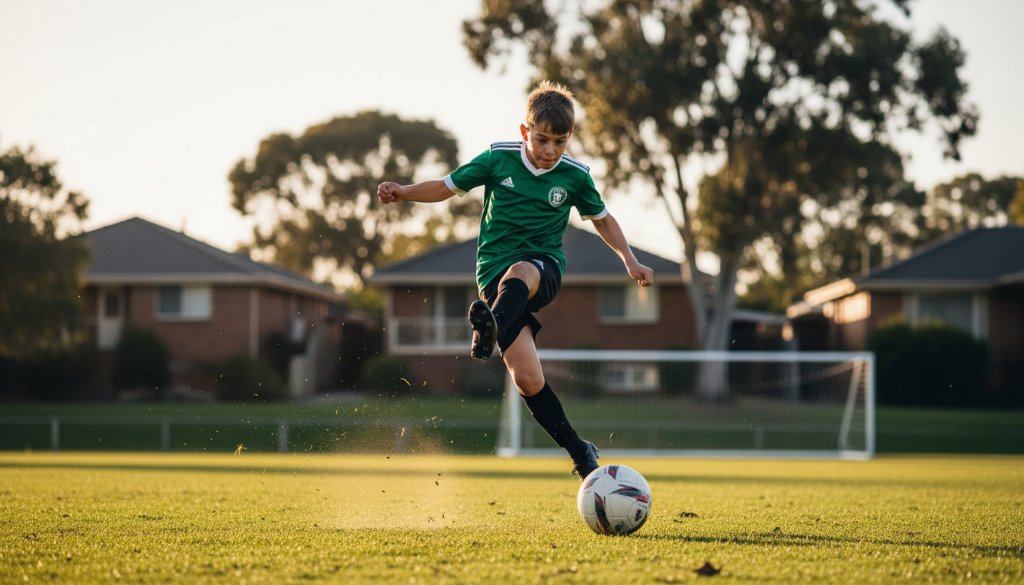 A thrilling, action-packed moment of dynamic junior sports photography Croydon South, capturing a young athlete mid-jump during a soccer match under dramatic golden hour light, crowd blurred in background.