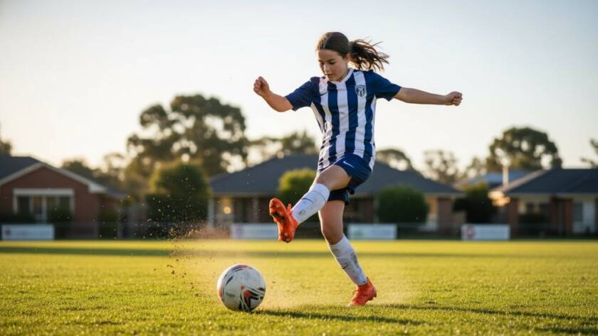 A vibrant, professionally colour-graded photograph of a young athlete mid-action during a soccer match in Doncaster East, capturing a dynamic junior sports photography Doncaster East epic moment as they score a goal, with dramatic lighting.