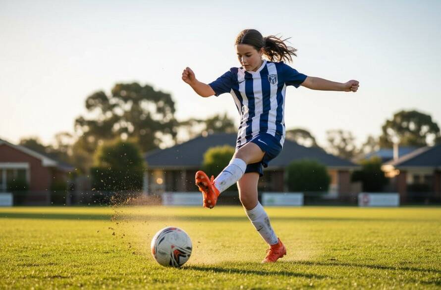 A vibrant, professionally colour-graded photograph of a young athlete mid-action during a soccer match in Doncaster East, capturing a dynamic junior sports photography Doncaster East epic moment as they score a goal, with dramatic lighting.