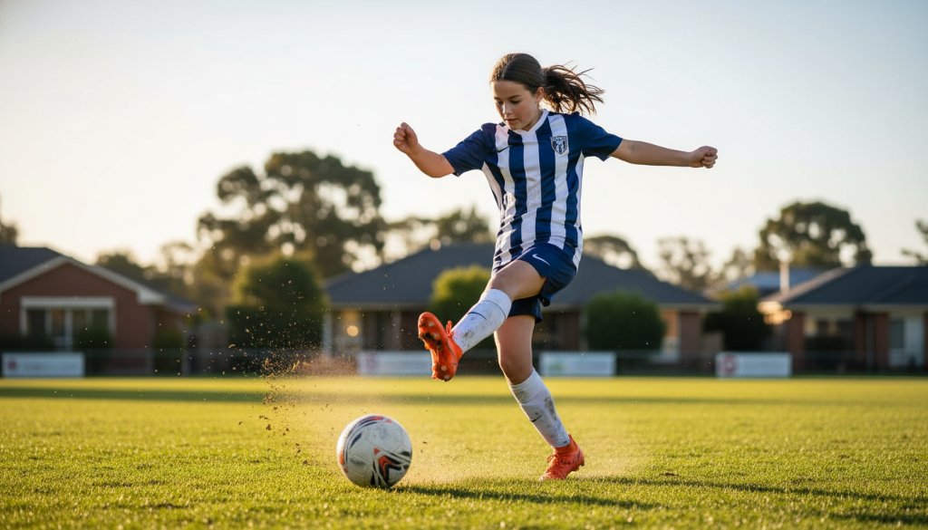 A vibrant, professionally colour-graded photograph of a young athlete mid-action during a soccer match in Doncaster East, capturing a dynamic junior sports photography Doncaster East epic moment as they score a goal, with dramatic lighting.