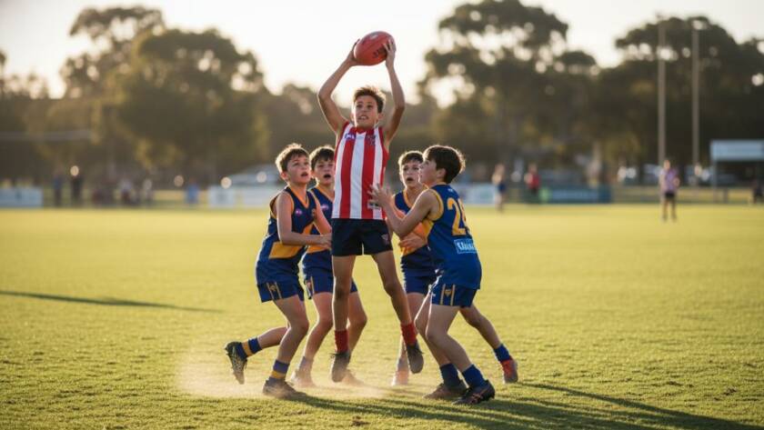 A wide-angle, dramatic shot capturing a young football player mid-air, kicking a goal under floodlights at a local Doncaster oval, embodying the spirit of Dynamic Junior Sports Photography Doncaster.