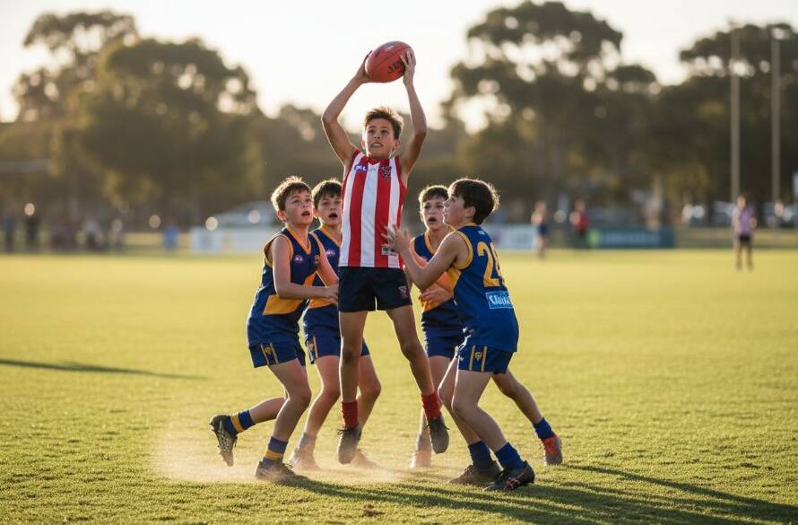 A wide-angle, dramatic shot capturing a young football player mid-air, kicking a goal under floodlights at a local Doncaster oval, embodying the spirit of Dynamic Junior Sports Photography Doncaster.