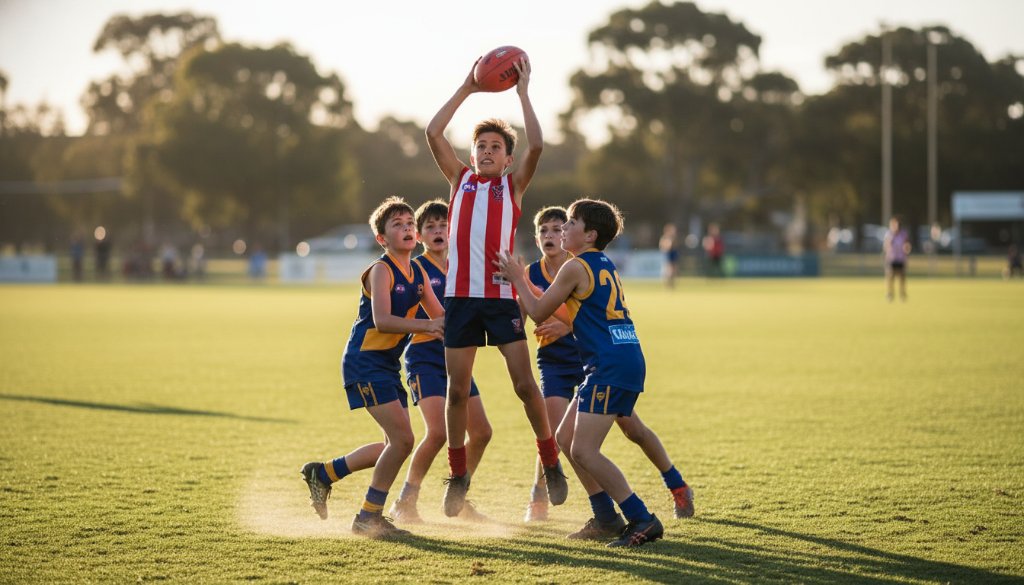 A wide-angle, dramatic shot capturing a young football player mid-air, kicking a goal under floodlights at a local Doncaster oval, embodying the spirit of Dynamic Junior Sports Photography Doncaster.