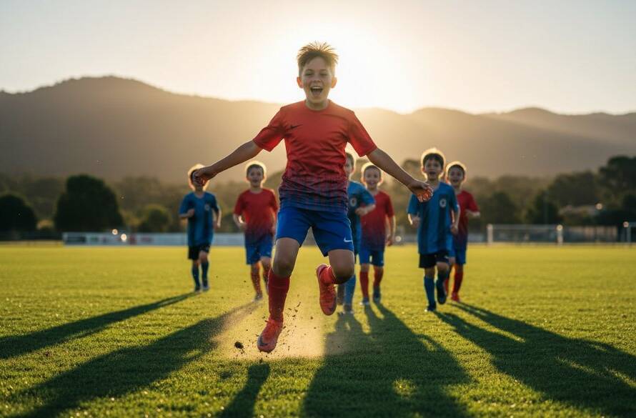 A thrilling action shot from a dynamic junior sports photography Ferntree Gully match, capturing a young athlete mid-air scoring a goal with dramatic backlighting and a cheering crowd in the background, showcasing an epic moment of victory.