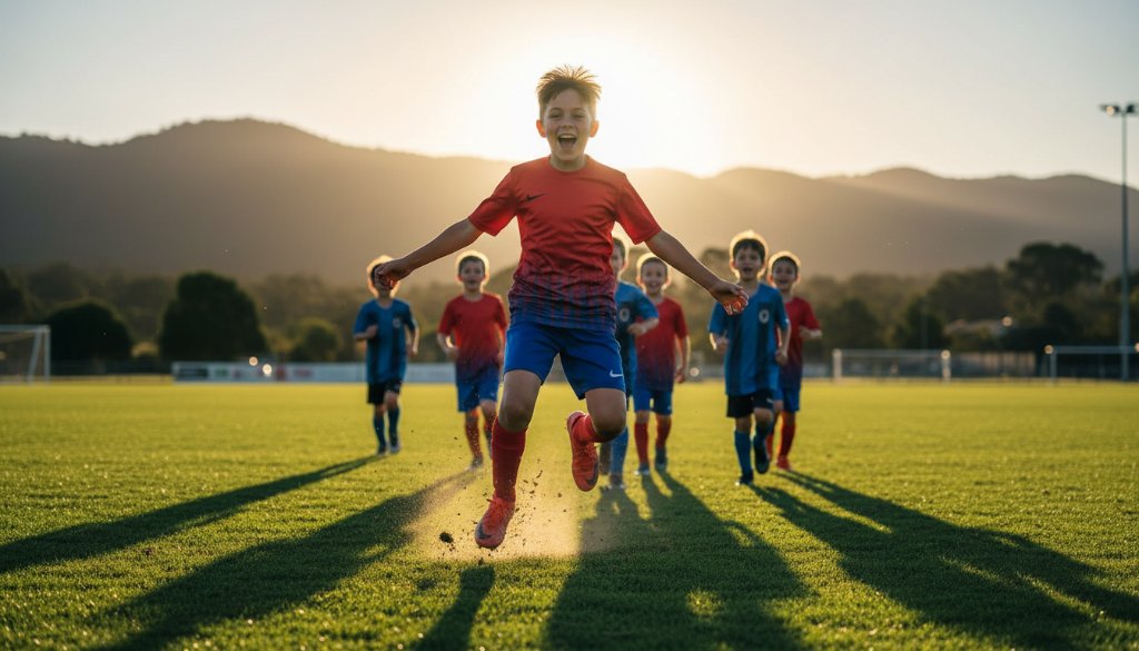 A thrilling action shot from a dynamic junior sports photography Ferntree Gully match, capturing a young athlete mid-air scoring a goal with dramatic backlighting and a cheering crowd in the background, showcasing an epic moment of victory.