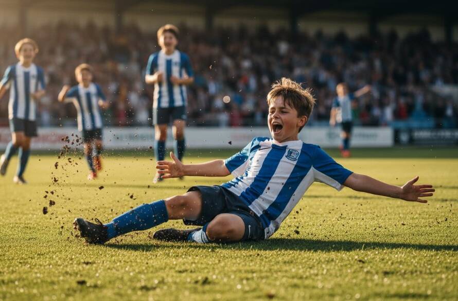 An exhilarating, low-angle shot of a young soccer player celebrating a goal, captured through dynamic junior sports photography Forest Hill, with cheering teammates and spectators blurred in the background, showcasing pure triumph and energy.