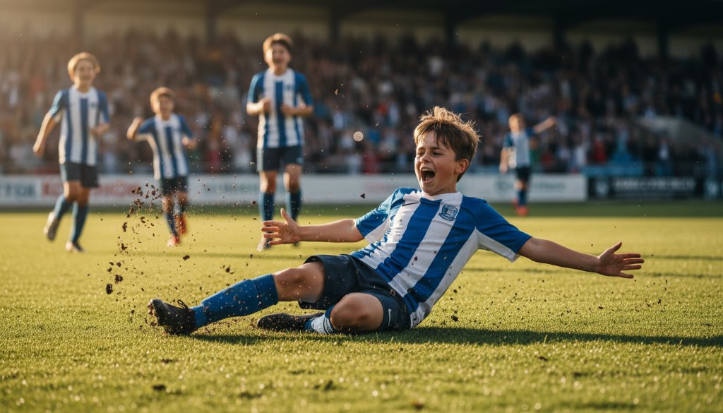 An exhilarating, low-angle shot of a young soccer player celebrating a goal, captured through dynamic junior sports photography Forest Hill, with cheering teammates and spectators blurred in the background, showcasing pure triumph and energy.