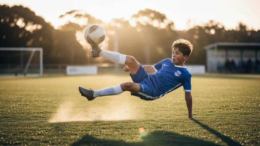 Dynamic junior sports photography Hallam Victoria: A young athlete, mid-air, scoring a winning goal during a dramatic soccer match under stadium lights at sunset, capturing an epic moment of triumph with professional clarity.