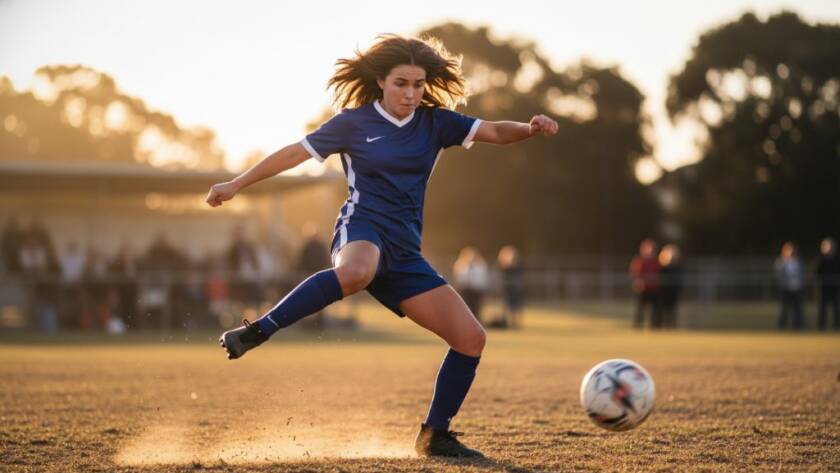 An epic moment of dynamic junior sports photography in Heatherdale, capturing a young footballer scoring a goal with intense focus and dramatic stadium lighting.