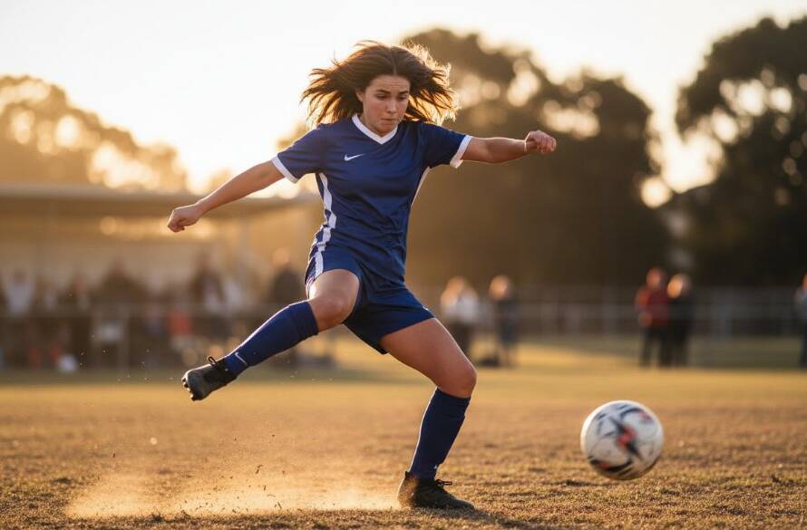 An epic moment of dynamic junior sports photography in Heatherdale, capturing a young footballer scoring a goal with intense focus and dramatic stadium lighting.