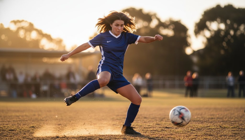 An epic moment of dynamic junior sports photography in Heatherdale, capturing a young footballer scoring a goal with intense focus and dramatic stadium lighting.