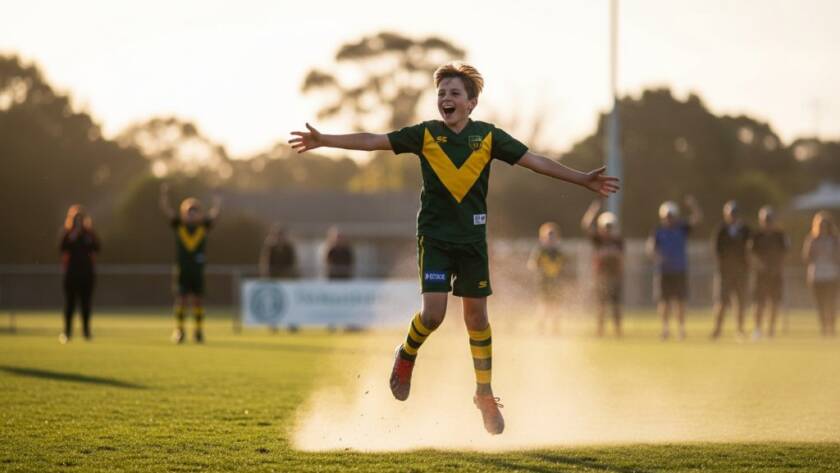 An energetic young athlete celebrating a winning goal on a sunny sports field in Hughesdale, Victoria, expertly captured with Dynamic Junior Sports Photography Hughesdale Victoria, showcasing their pure joy and determination.