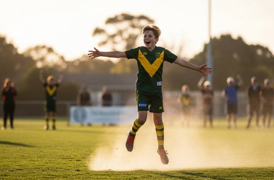 An energetic young athlete celebrating a winning goal on a sunny sports field in Hughesdale, Victoria, expertly captured with Dynamic Junior Sports Photography Hughesdale Victoria, showcasing their pure joy and determination.