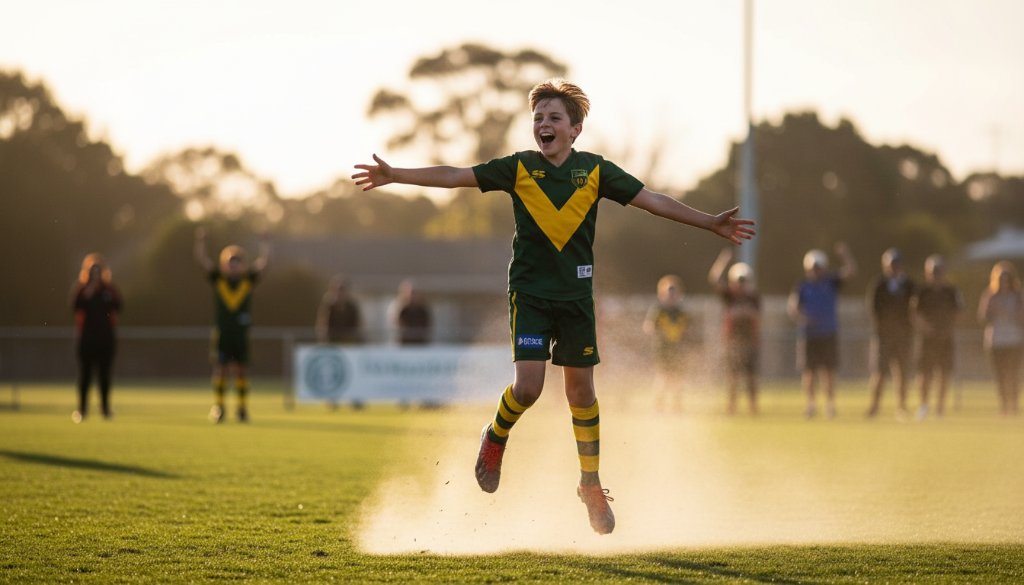 An energetic young athlete celebrating a winning goal on a sunny sports field in Hughesdale, Victoria, expertly captured with Dynamic Junior Sports Photography Hughesdale Victoria, showcasing their pure joy and determination.