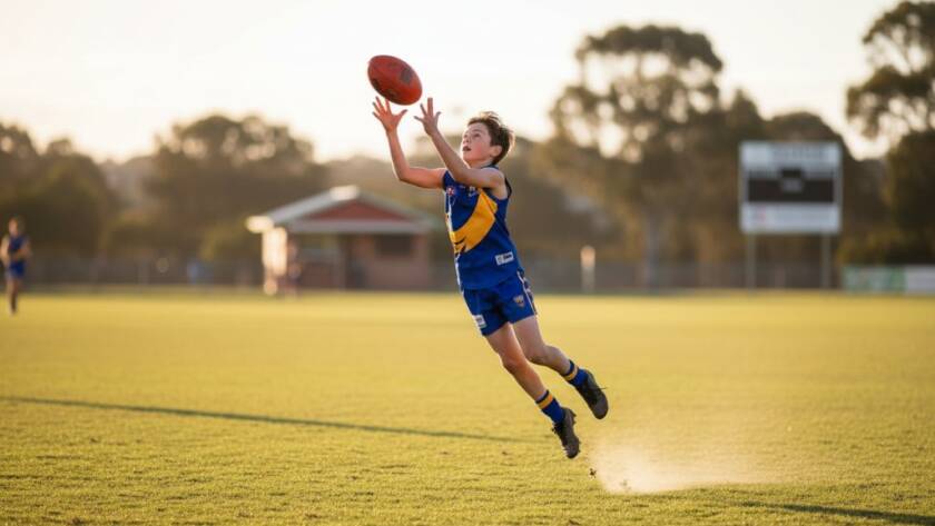 Dynamic Junior Sports Photography Huntingdale Victoria: A professional photo captures a young footballer mid-air, scoring a dramatic goal on a sun-drenched oval in Huntingdale, Victoria, showcasing peak action and vibrant community spirit.