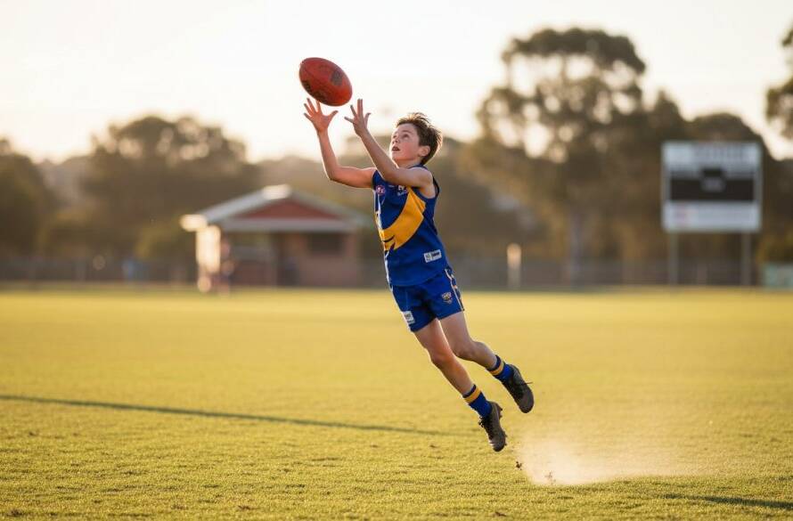 Dynamic Junior Sports Photography Huntingdale Victoria: A professional photo captures a young footballer mid-air, scoring a dramatic goal on a sun-drenched oval in Huntingdale, Victoria, showcasing peak action and vibrant community spirit.