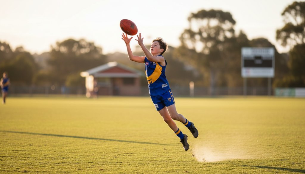 Dynamic Junior Sports Photography Huntingdale Victoria: A professional photo captures a young footballer mid-air, scoring a dramatic goal on a sun-drenched oval in Huntingdale, Victoria, showcasing peak action and vibrant community spirit.