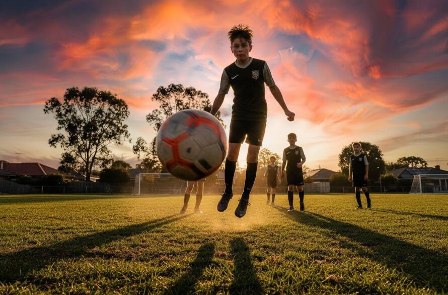 A high-energy, perfectly timed photograph of a junior athlete in McKinnon scoring a winning goal, showcasing the dynamic junior sports photography McKinnon offers.