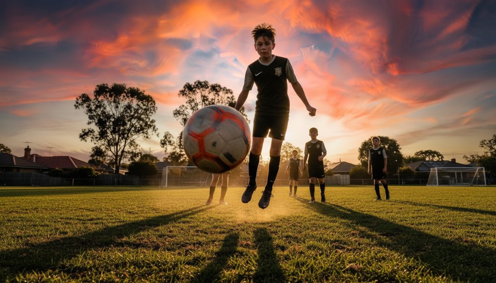 A high-energy, perfectly timed photograph of a junior athlete in McKinnon scoring a winning goal, showcasing the dynamic junior sports photography McKinnon offers.