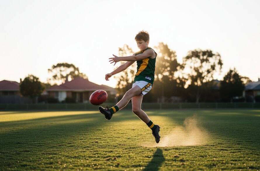 An epic moment of dynamic junior sports photography in Park Orchards, featuring a young athlete scoring a goal with intense focus and determination, bathed in golden hour light on a lush green oval.