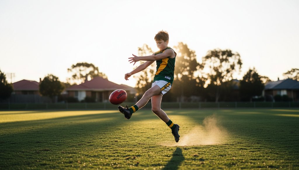 An epic moment of dynamic junior sports photography in Park Orchards, featuring a young athlete scoring a goal with intense focus and determination, bathed in golden hour light on a lush green oval.