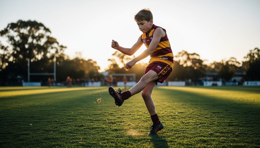 An epic moment captured in dynamic junior sports photography Ringwood North, showing a young athlete in mid-air scoring a goal on a vibrant green field under dramatic stadium lights, with blurred action in the background, conveying intense focus and triumph.
