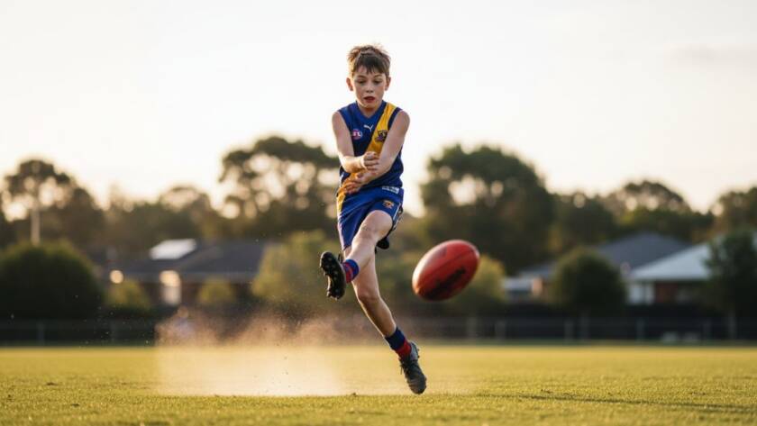 A vibrant, emotionally resonant photograph capturing an epic moment in dynamic junior sports photography in Springvale South, showing a young athlete mid-action, triumphantly celebrating a goal on a sunny outdoor field, with dramatic backlighting and professional colour grading.