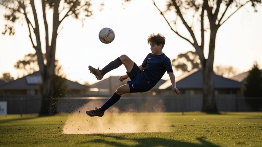 Dynamic junior sports photography Sydenham capturing a young footballer scoring a goal, mid-air with intense focus, under dramatic stadium lighting at sunset, with cheering parents in the blurred background. A truly epic moment.