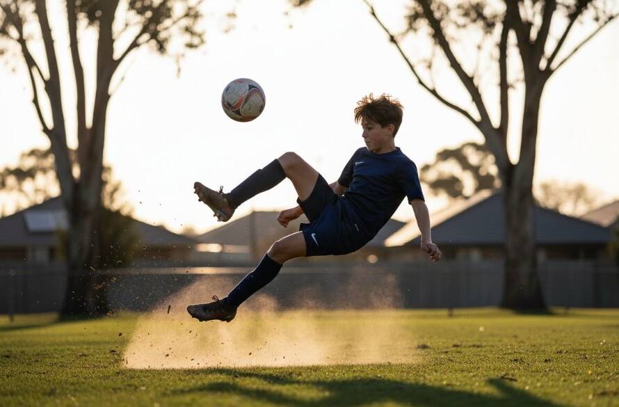 Dynamic junior sports photography Sydenham capturing a young footballer scoring a goal, mid-air with intense focus, under dramatic stadium lighting at sunset, with cheering parents in the blurred background. A truly epic moment.