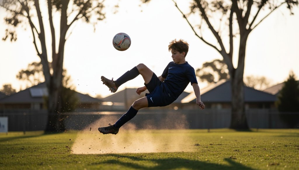 Dynamic junior sports photography Sydenham capturing a young footballer scoring a goal, mid-air with intense focus, under dramatic stadium lighting at sunset, with cheering parents in the blurred background. A truly epic moment.
