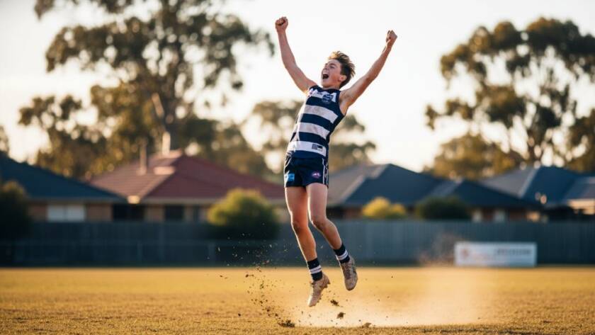 A triumphant young soccer player leaping for a header during a match in Templestowe Lower, showcasing dynamic junior sports photography with dramatic lighting and a blurred background.
