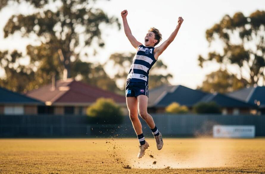 A triumphant young soccer player leaping for a header during a match in Templestowe Lower, showcasing dynamic junior sports photography with dramatic lighting and a blurred background.