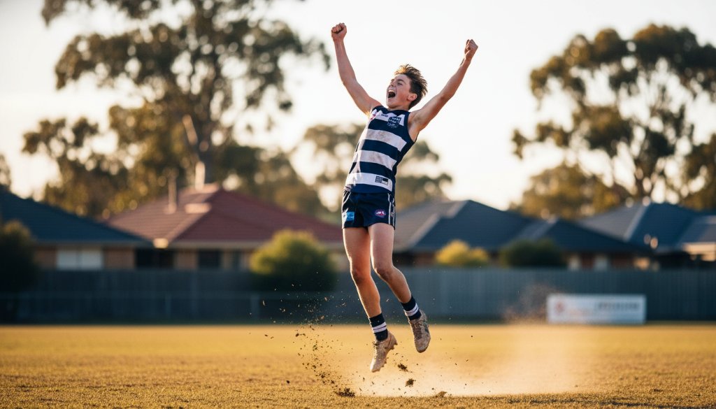 A triumphant young soccer player leaping for a header during a match in Templestowe Lower, showcasing dynamic junior sports photography with dramatic lighting and a blurred background.