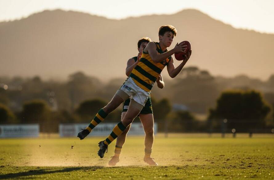 An exhilarating action shot capturing dynamic junior sports photography Upper Ferntree Gully, showing a young Australian Rules Football player mid-leap, attempting a mark with intense focus, under dramatic golden hour lighting on a local oval.