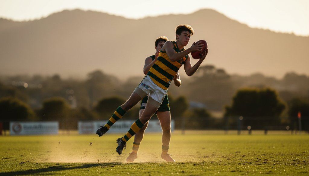 An exhilarating action shot capturing dynamic junior sports photography Upper Ferntree Gully, showing a young Australian Rules Football player mid-leap, attempting a mark with intense focus, under dramatic golden hour lighting on a local oval.