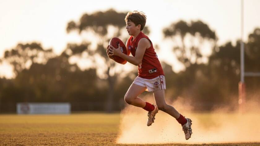 A thrilling, action-packed close-up of a young athlete mid-jump during an Australian Rules Football match at a Werribee South oval, capturing an epic moment with dramatic golden hour lighting, embodying dynamic junior sports photography Werribee South capturing epic moments.