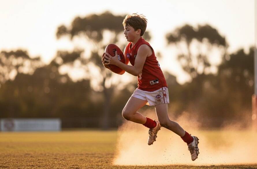 A thrilling, action-packed close-up of a young athlete mid-jump during an Australian Rules Football match at a Werribee South oval, capturing an epic moment with dramatic golden hour lighting, embodying dynamic junior sports photography Werribee South capturing epic moments.
