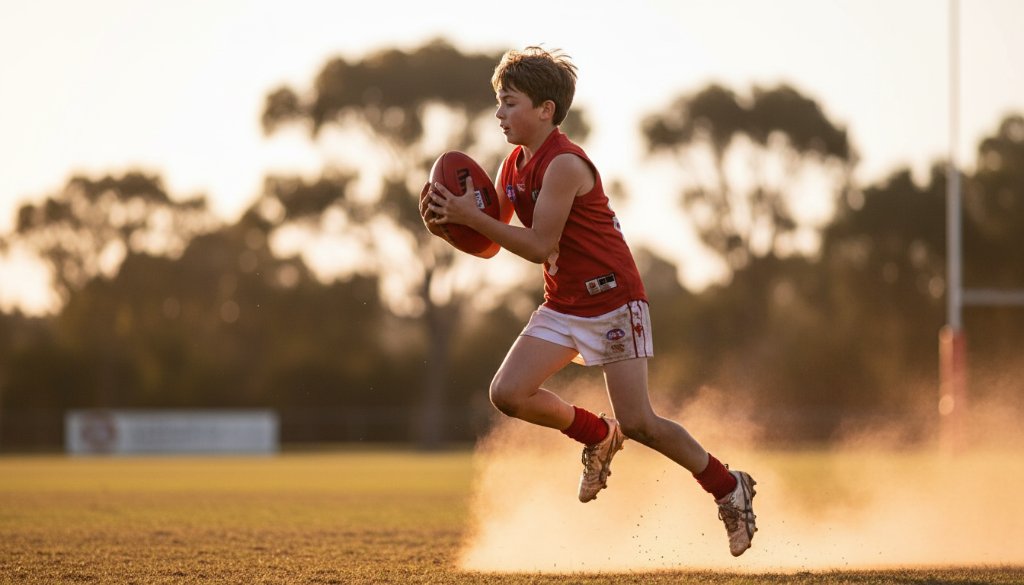 A thrilling, action-packed close-up of a young athlete mid-jump during an Australian Rules Football match at a Werribee South oval, capturing an epic moment with dramatic golden hour lighting, embodying dynamic junior sports photography Werribee South capturing epic moments.